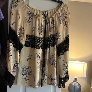 Chic Women's Cream and Black Blouse with Lace Accents